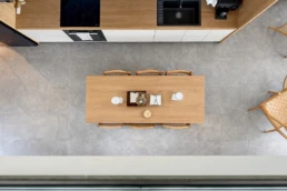 Luxury kitchen and dining area overhead view at Astria Villas rental